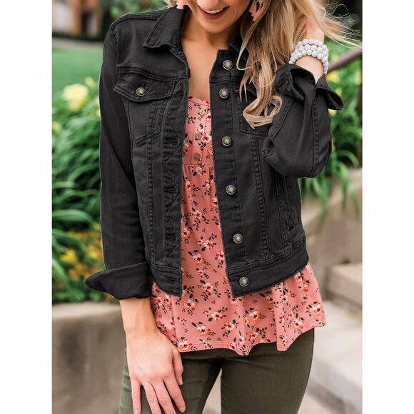 Women's Button Down Stretch Fitted Long Sleeves Denim Jean Jacket Vintage Black - Picture 8 of 9